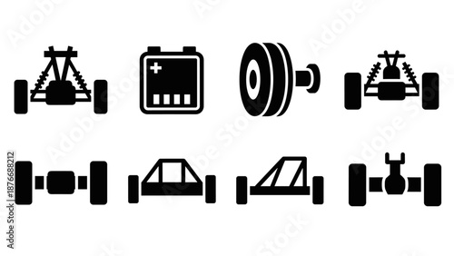 Minimalist icons of racing car parts and components in black and white