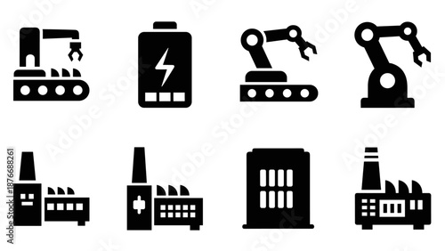 Industrial icons: robotic arms, factories, and battery silhouettes