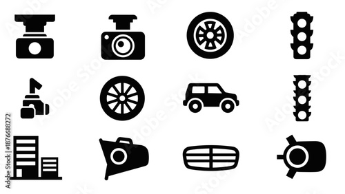Black and white automotive icons set featuring car parts and accessories