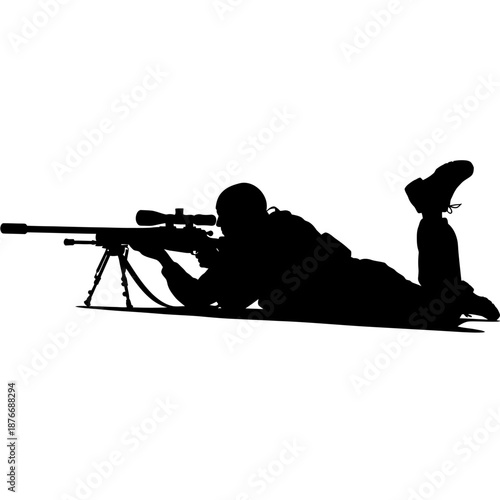 Silhouette of a Sniper Lying Prone with Rifle.