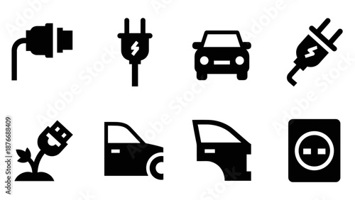 Electric vehicle icons set: charging plugs, car silhouettes, eco design