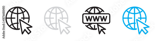 Globe and cursor icons set in black gray www and blue styles for web internet browsing