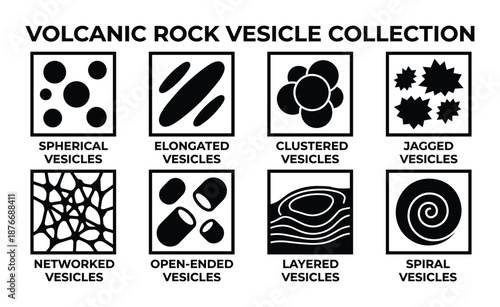 Volcanic Rock Vesicle Collection Types: Spherical, Elongated, Clustered, Jagged, Networked, Open-Ended, Layered, and Spiral