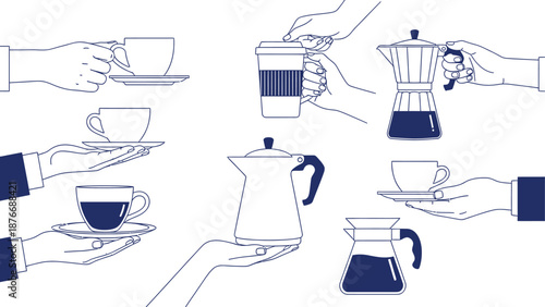 Coffee preparation process illustrated with various hands serving cups and coffee makers