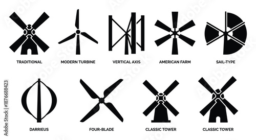 Wind Turbine Types Silhouettes, Traditional, Modern, Vertical, American, Sail, Darrieus, Four-blade and Classic Towers