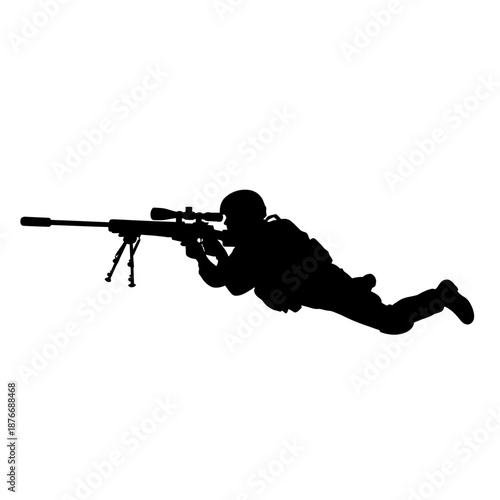 Silhouette of a soldier aiming a sniper rifle in a prone position.