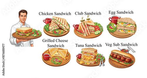 A professional chef presenting a delicious assortment of gourmet sandwiches and subs. Food vector Icons Set.