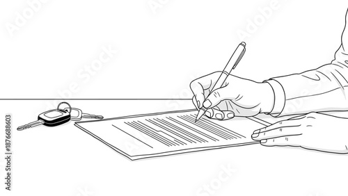 Line art of hands signing contract with car keys on table