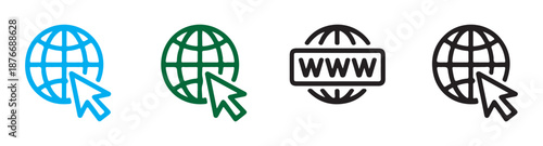 Globe and cursor icons set in blue green www and black styles for web internet browsing