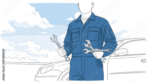 Mechanic holding wrenches with car background on a cloudy day