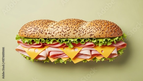 A large and delicious sandwich with various meats and cheeses