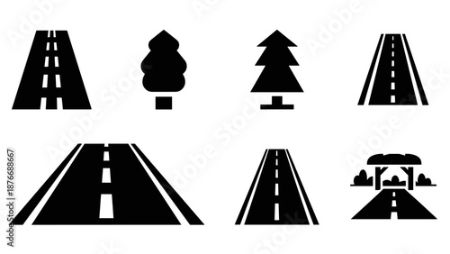 Silhouette road and tree icons set for minimalist design projects