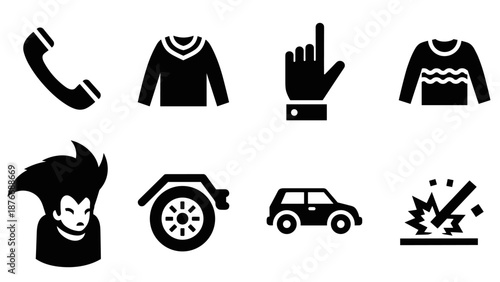 Bold silhouette icons: phone, fashion, gestures, vampire, vehicle, danger