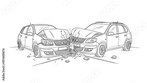 Line art of car collision with damaged vehicles in detailed design
