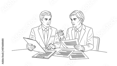 Business meeting: professionals discussing documents in linear style