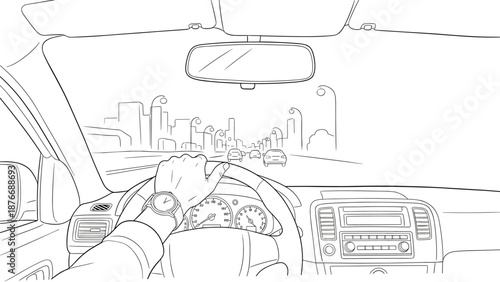 Linear car interior with urban cityscape and driver perspective in black and white