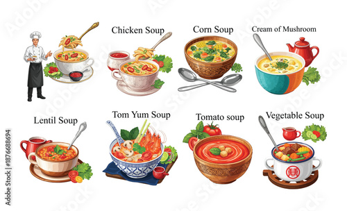 Variety of delicious soups in bowls with chef. Food vector Icons Set.