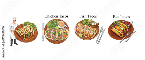 Delicious taco varieties with chef, chicken, fish, and beef options. Food vector Icons Set.