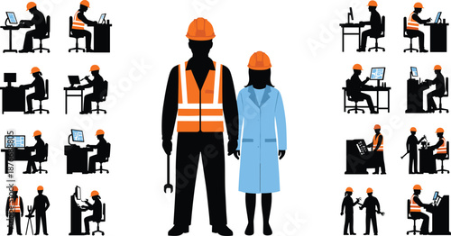Engineering professionals in safety gear working in lab, field, and office environments, showcasing teamwork, technology, and industrial collaboration scenes