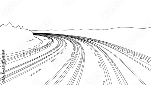 Minimalist line art of a serene highway curve with distant hills in outline style