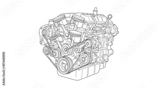Detailed line drawing of a car engine with visible pulleys and belts