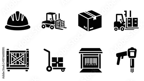 Warehouse and logistics icons in black silhouette style for efficient inventory management