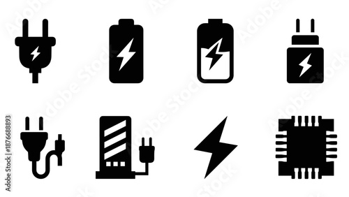 Power and energy icons: plug, battery, and circuit in solid style
