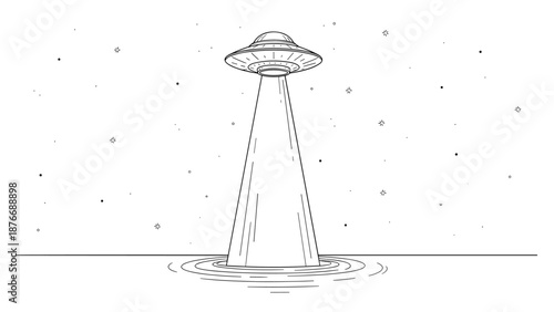 Linear ufo beaming light on starry night sky background