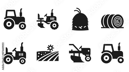 Silhouette farm equipment set with tractors and hay bales