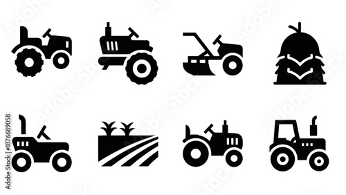 Set of farming equipment icons featuring tractors and harvest tools