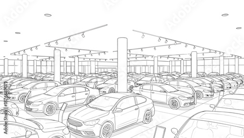 Car dealership showroom with multiple cars in linear style