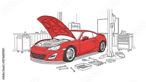 Red sports car in garage workshop with open hood and tools