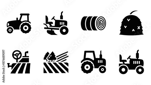 Farming equipment and agriculture icons in minimalist black silhouette style