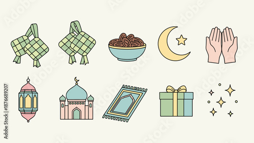Colorful flat design vector icons for Islamic holiday celebrations. Essential elements of Eid al-Fitr and Ramadan, featuring traditional symbols like mosque, dates, and gifts