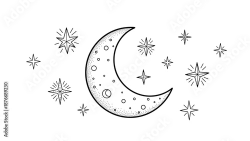 Elegant line art illustration of a graceful crescent moon surrounded by shimmering stars, evoking the serene wonder and magical allure of the night sky