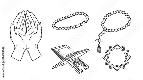 Illustrative set of essential Islamic spiritual symbols, featuring praying hands, sacred Quran, and devout prayer beads, perfect for religious and cultural designs