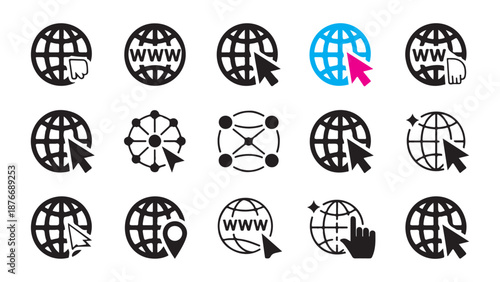 Modern internet connectivity icons showing globe navigation cursor web link and data flow