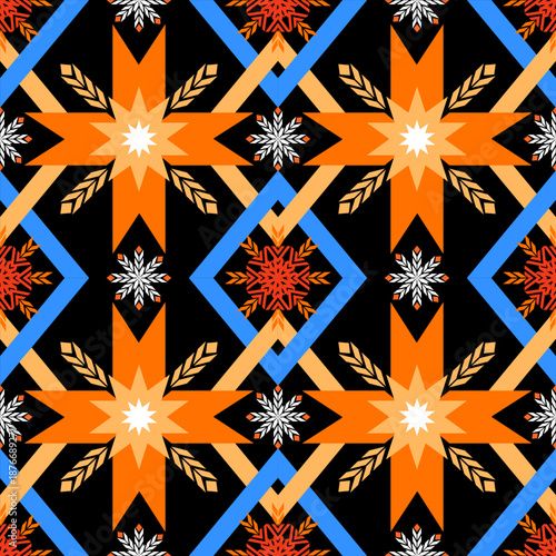 "Colorful tribal geometric seamless pattern featuring ethnic stars, wheat ears, and diamond shapes on a black background. Modern native American style vector illustration for textile, fabric, and wall