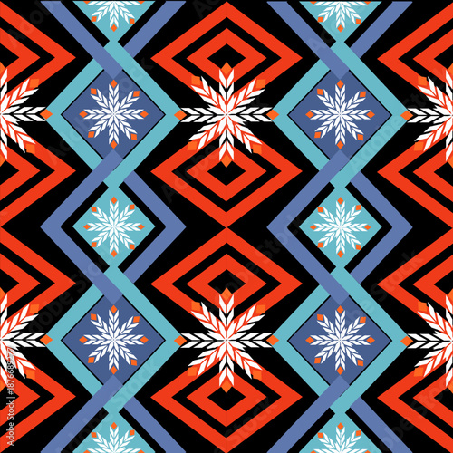 "Colorful tribal geometric seamless pattern featuring ethnic stars, wheat ears, and diamond shapes on a black background. Modern native American style vector illustration for textile, fabric, and wall