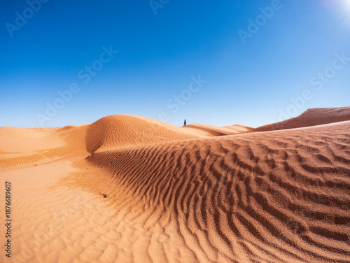 Single person walking across vast sand dunes in the Tunisian desert under a clear blue sky, symbolizing solitude, freedom, exploration, and the scale of nature in an arid landscape