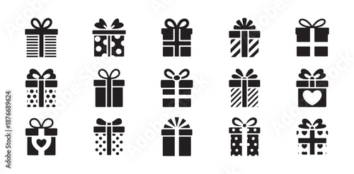 Present boxes collection with different ribbon styles and decorative patterns for holiday packaging