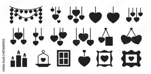 Love theme icons set featuring hanging hearts candle lights and romantic frames for home decoration