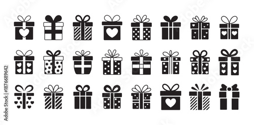 Gift box icons set with various patterns and ribbon bows for birthday or holiday present packaging