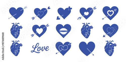 Set of valentine day blue hearts and human anatomical heart with arrows and lettering love