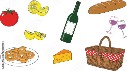 Picnic basket with wine, cheese, bread, fruits and other essentials for a perfect outdoor meal