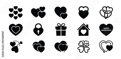 Set of valentine day hearts and romantic icons. Love padlock, gift box, house, clover, happy valentine