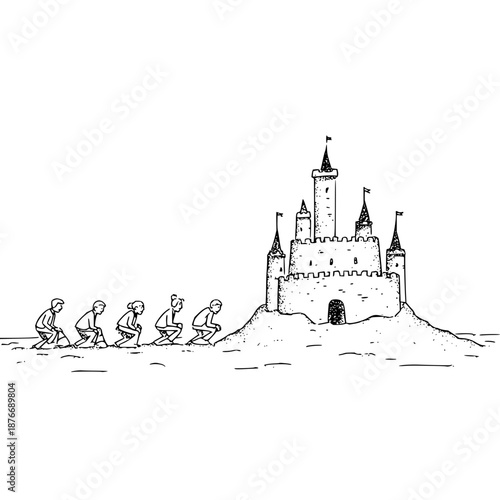 Monkeys Building Sandcastle on Beach