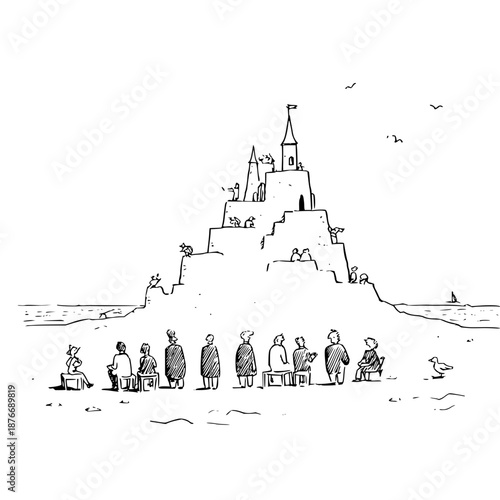 People Watching Sandcastle on Beach