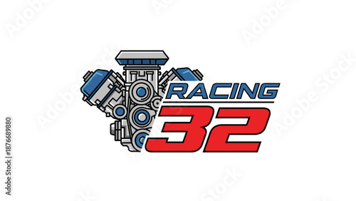 Racing 32 Logo V8 Engine  Motorsport Emblem.