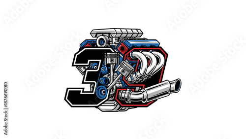 Powerful V8 Engine with '3' Graphic - Automotive Performance.